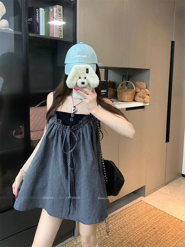 

Восстанавливаемый женский комплект из двух предметов в стиле ретро, летняя одежда миди с черными бретелями Dr, клетчатая внутренняя одежда, одежда универсального размера