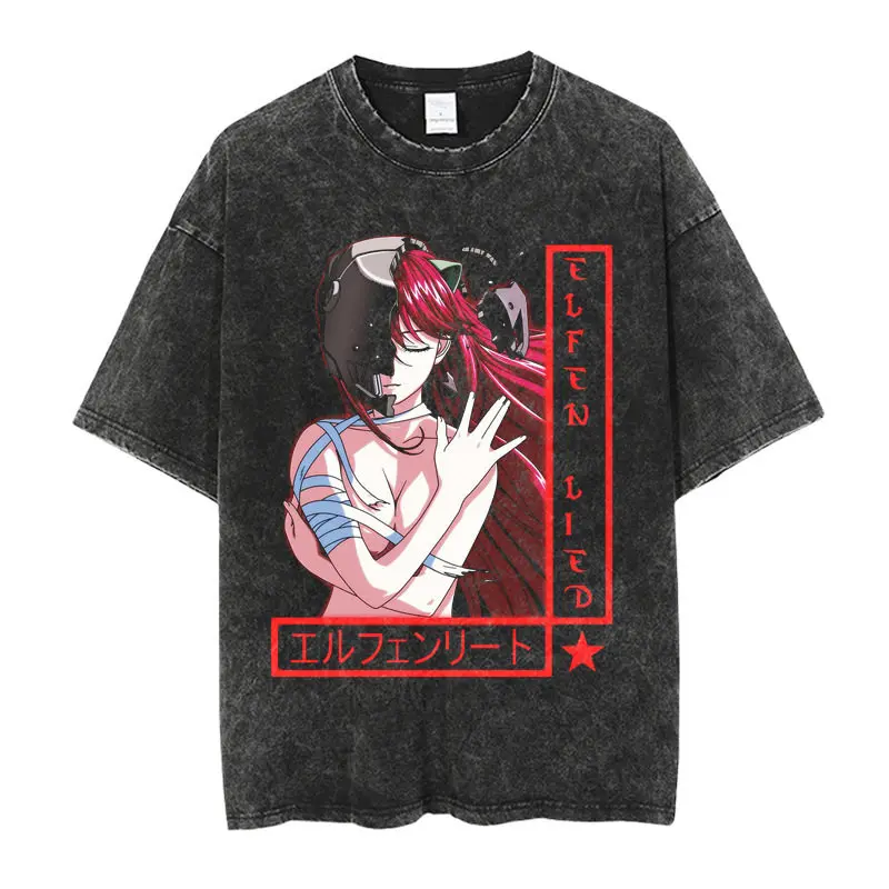 Anime Elfen Lied Lucy Tshirt Men Short Sleeve Clothing Vintage Washed Cotton Tee Retro Manga T Shirt Harajuku T-shirt