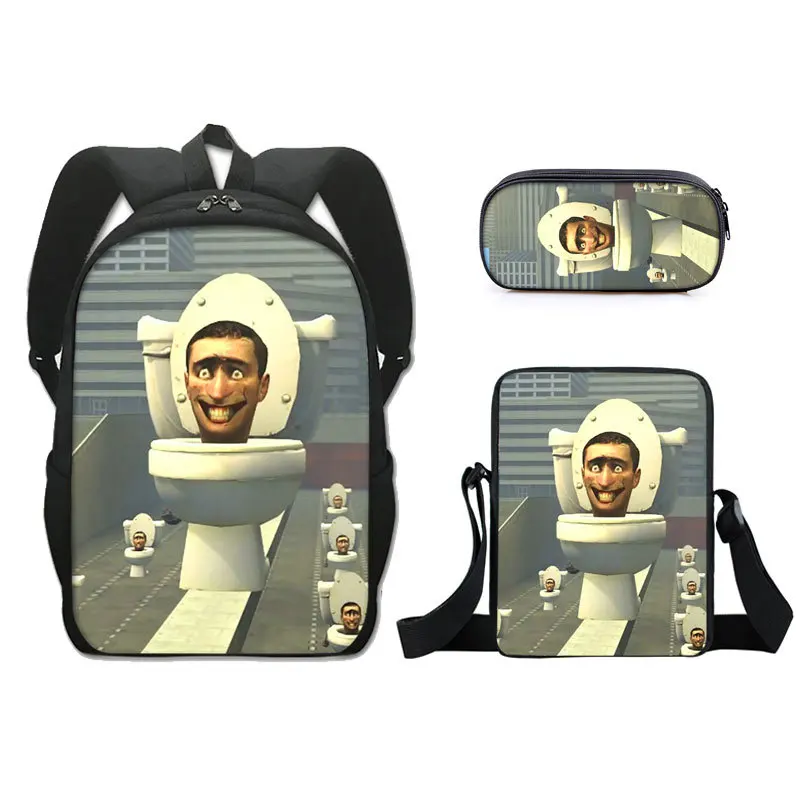 Moda popular skibidi toalete impressão 3d 3 pçs/set aluno sacos de escola portátil mochila mochila ombro inclinado caso lápis