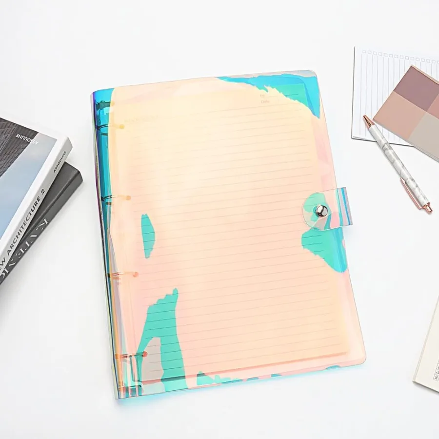 Laser A4 Binder Soft PVC Budget Binde 4Ring Refillable Planner Binder Cover with Sp Button Closure Round Ring Loose Leaf Folder