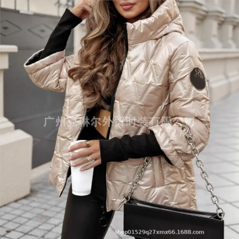 여성용 스트리트 패션 후드 퀼팅 코트 재킷 2025 겨울 포켓 지퍼 솔리드 긴 소매 루즈 코트 오버사이즈 아우터웨어