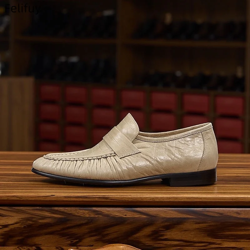 Retro French Flats Loafers Men’s Soft Genuine Leather Pleated Comfort Office Shoes Female Shallow British Style Casual Shoes Men