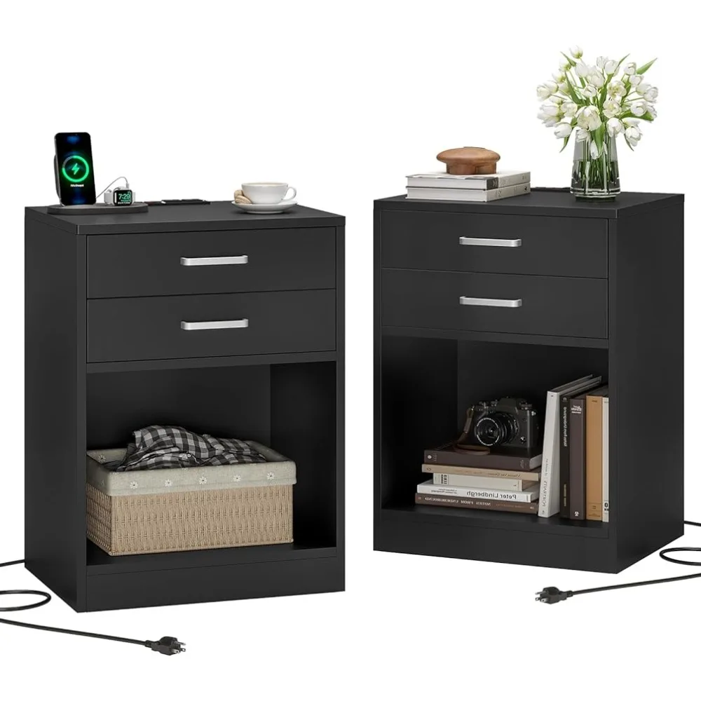 

Night Stand Set 2 Black Nightstand with Charging Station & Drawers,Night Stands for Bedrooms Set of 2 Bedside Table with Drawers