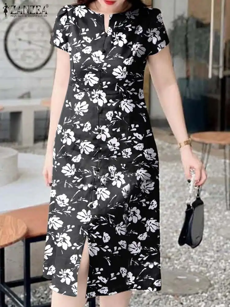 ZANZEA Vintage Summer Bohemian Vestidos Casual Buttons Midi Dress Women Baggy Floral Printing Dresses 2024 Fashion V-neck Robes