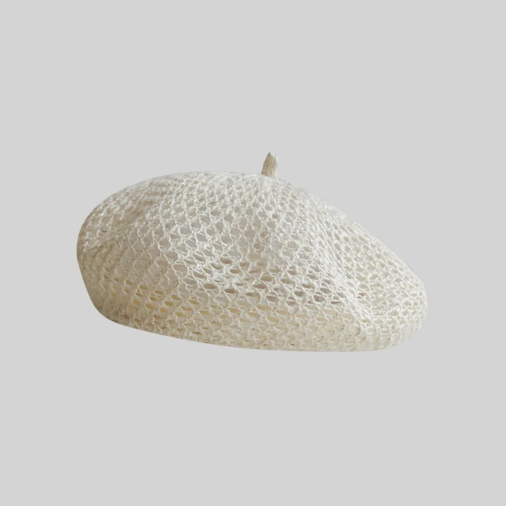 Casual Solid Color Hollow Beret Bright Thread Hollow Knitted Painter Hat Thin Breathable Pumpkin Hat Women