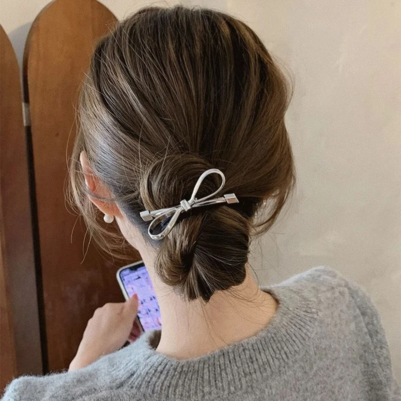 Sweet Cool Niche Metal Bow Barrettes Female Hairpin New Style Back Head Low Ponytail Side Duckbilled Clip Hair Accessories Tide