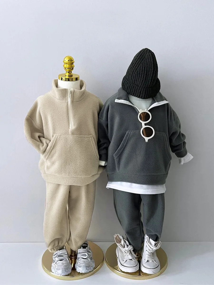 

Infant Girl Solid Casual Sweatshirt Outfits Boys Fleece Sweat Pants Suit 2025 Winter New Baby Plus Velvet Thick Warm Clothes Set