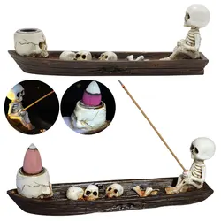 Skull Boat Incense Holder Ghost Fishing On Boat Incense Burner Creative Skeleton Statue Incense Stand Decorative for Study Room