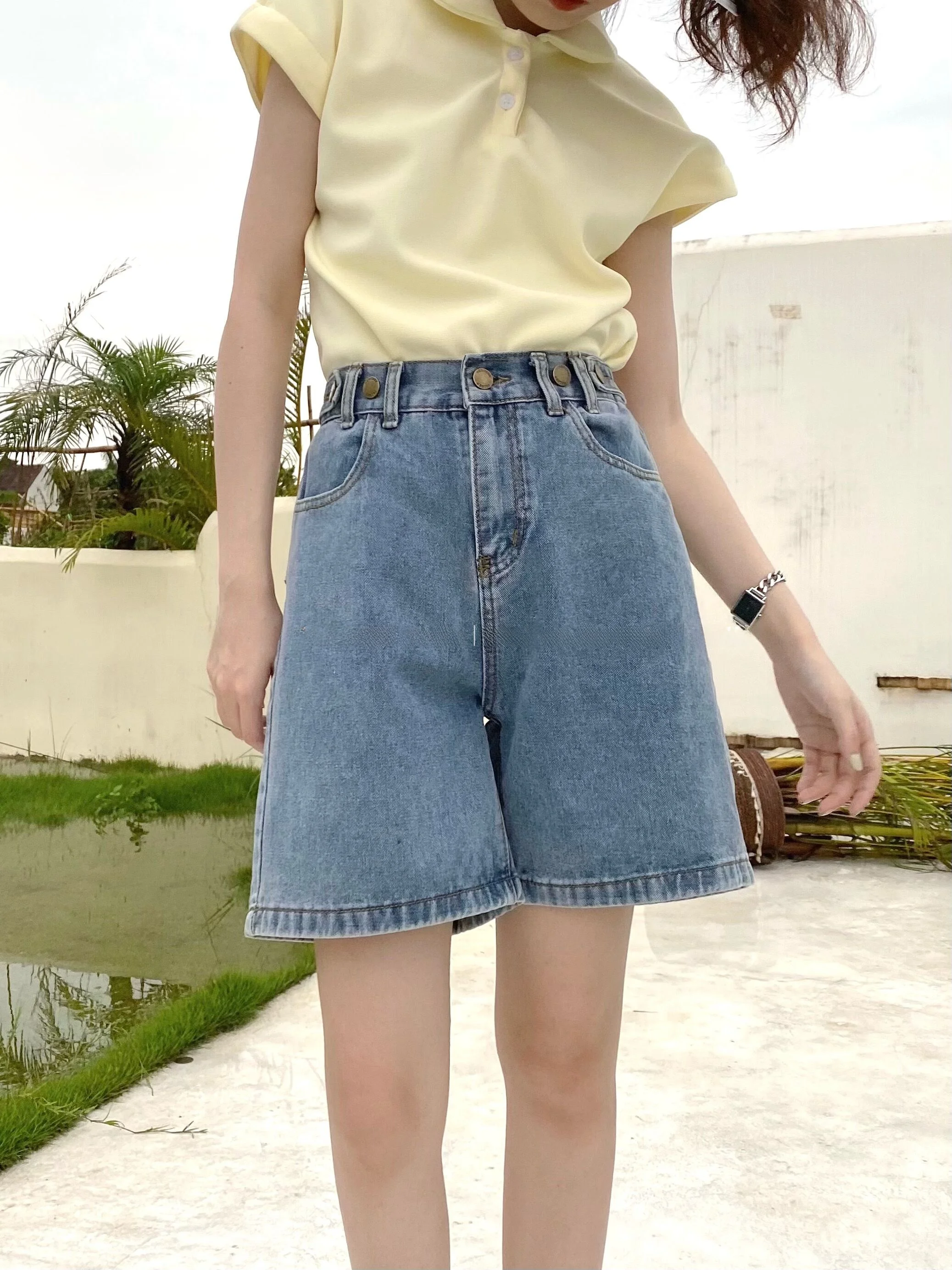 

Джинсы женские летние с высокой талией, свободного кроя, прямые, с пуговицами, широкие штанины, повседневные