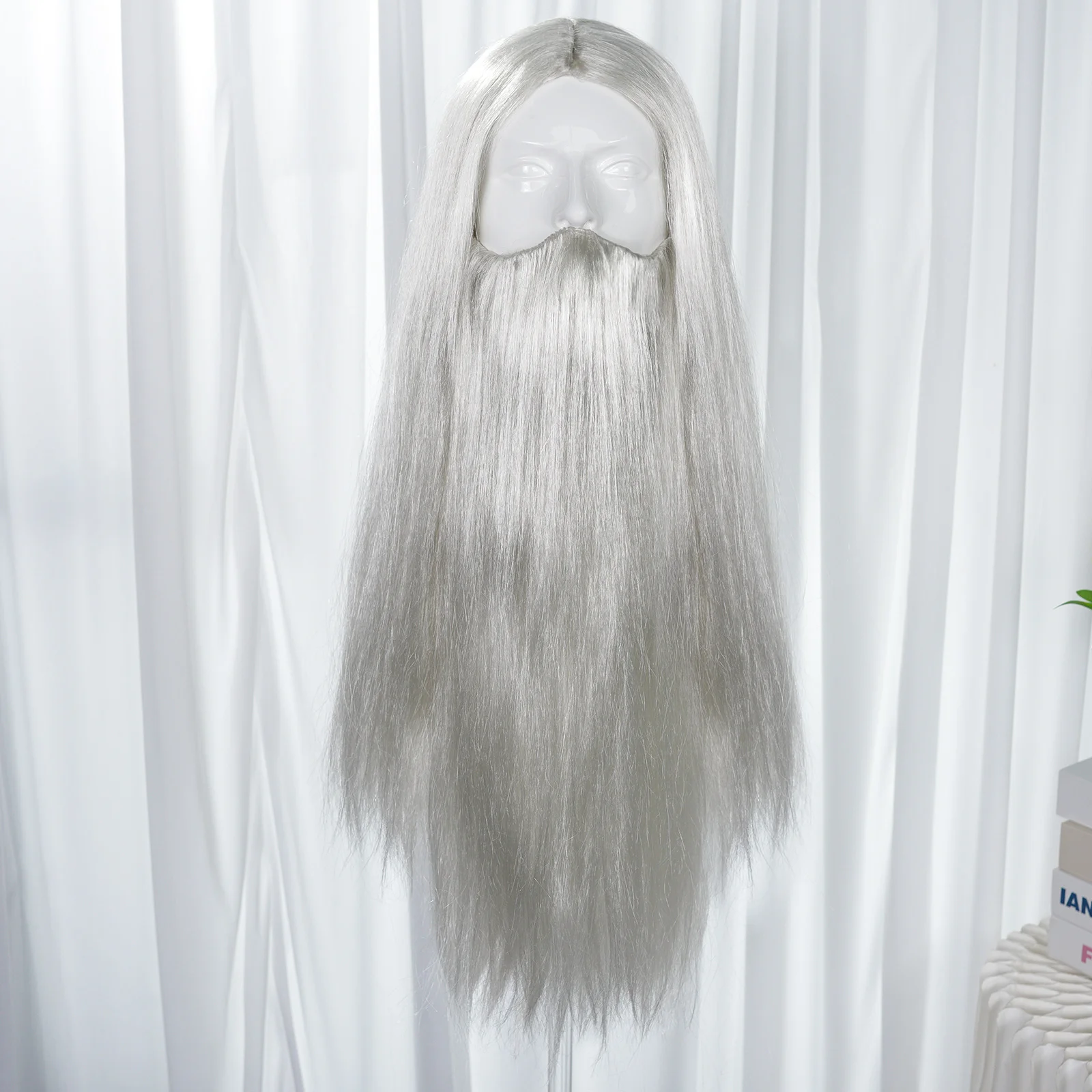 شعر مستعار صناعي طويل مستقيم باللون الرمادي الفضي واللحية الطويلة مناسب لشعر مستعار الزي للعب الأدوار #3