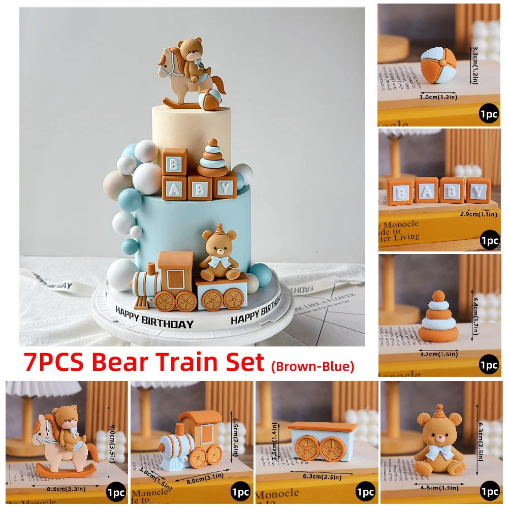 Blue Train Cake Topper Bear Cake Top Carriage Water Balloons Rainbow Tower Cake Decorations Boy Girl Baby Shower Party Supplies