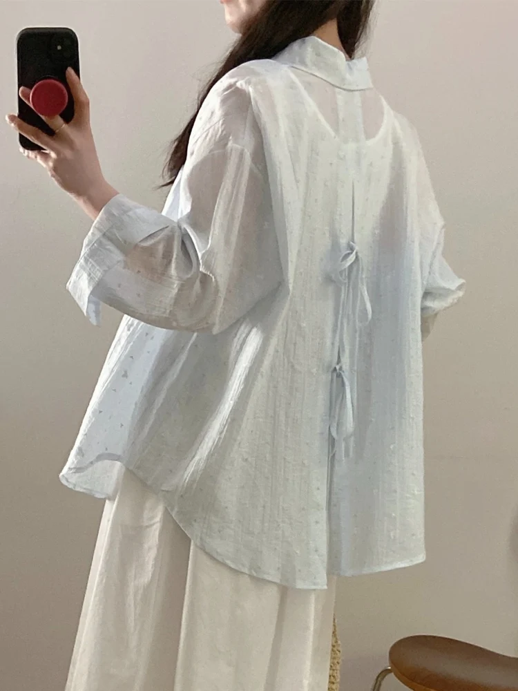 

Loose Women's Sun Protection Shirt Textured Summer Thin Outerwear Design Back Split Belted Top Korean Style Long Sleeve