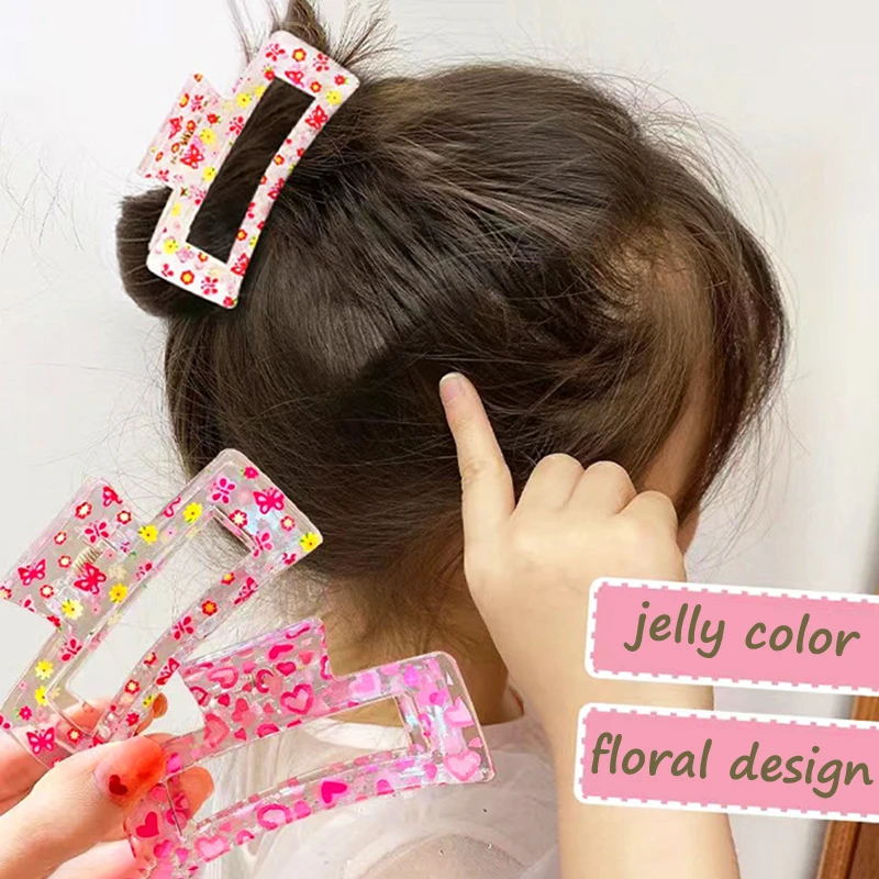 Women Transparent Print Flower Hair Claw Tough Colorful Plastic Hair Clip Large Size Hair Clamps Crab Hairpin Hair Accessories