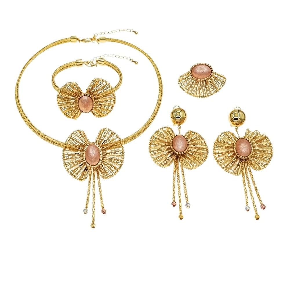 African Brazilian Gold Style Openwork Fan Bow Gold Plated Set Vintage Tassel Pendant 4 In 1 Women Statement Jewelry