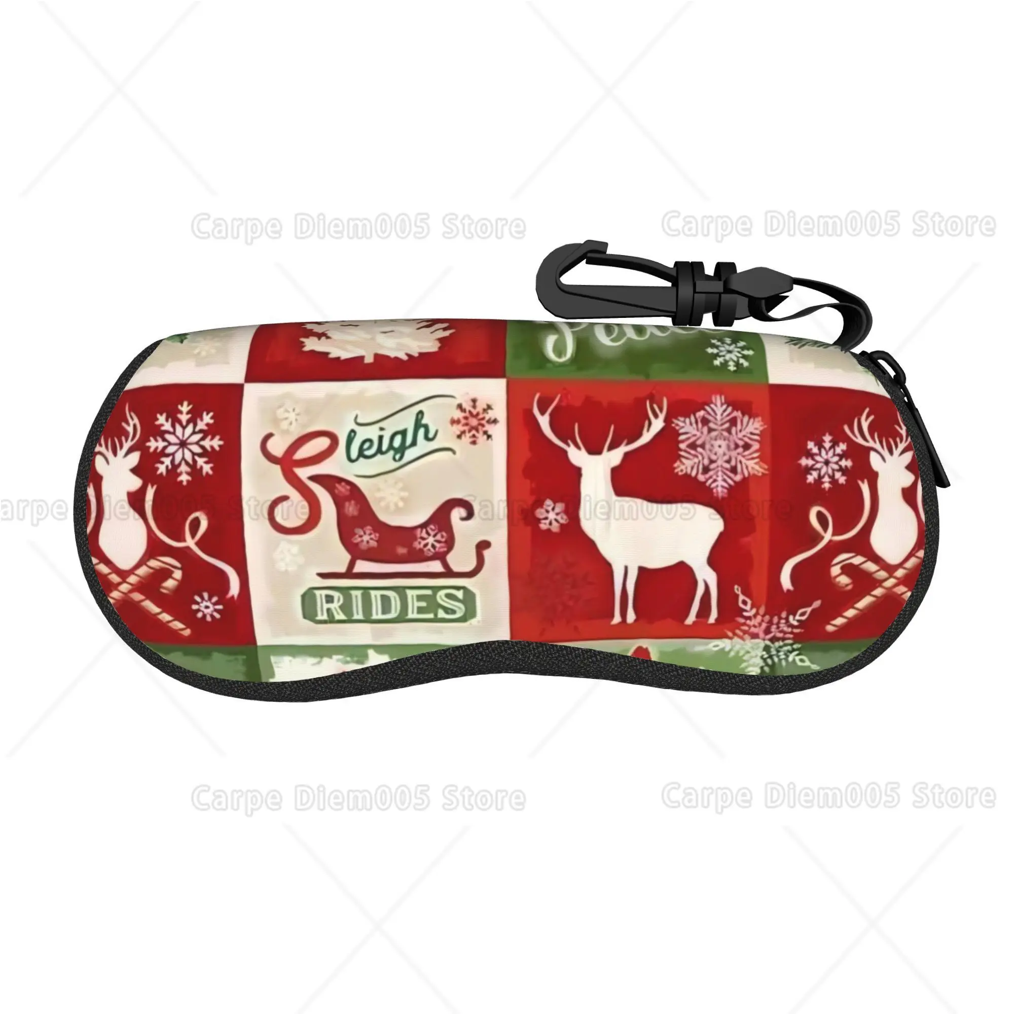 1pc Vintage German-Inspired Christmas Glasses Case with Zippered Closure Red/Green Plaid Golden Snowflake Design