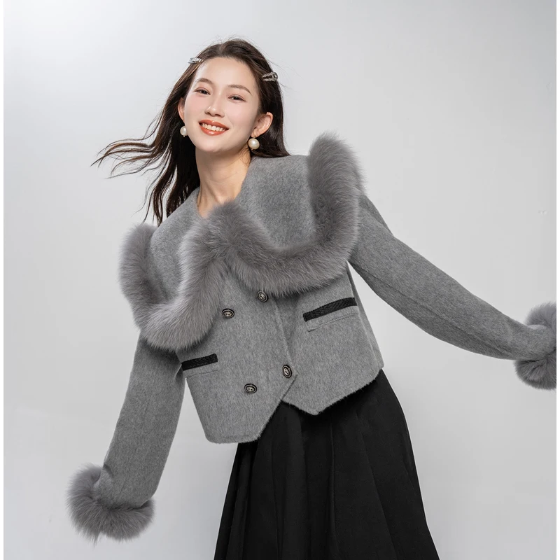 Real Fur Coat Autumn Winter Jacket Women Natural Fox Fur Collar Cuffs Short Cashmere Wool Woolen Ladies Outerwear Female Coat