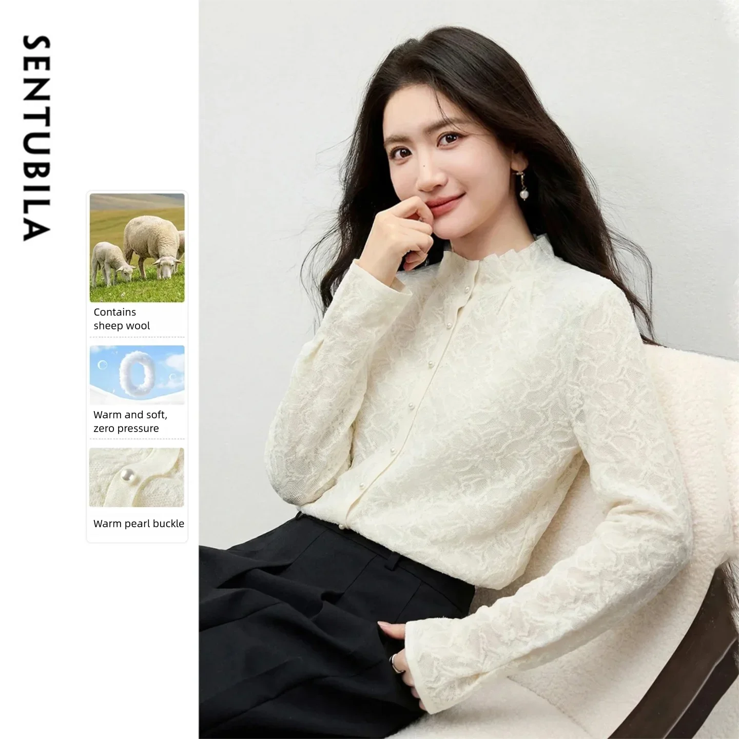 

SENTUBILA повседневный женский кардиган 2026, плиссированный жаккардовый трикотаж с полувысоким воротником и жемчужными пуговицами, весенние офисные женские топы W61EA6548