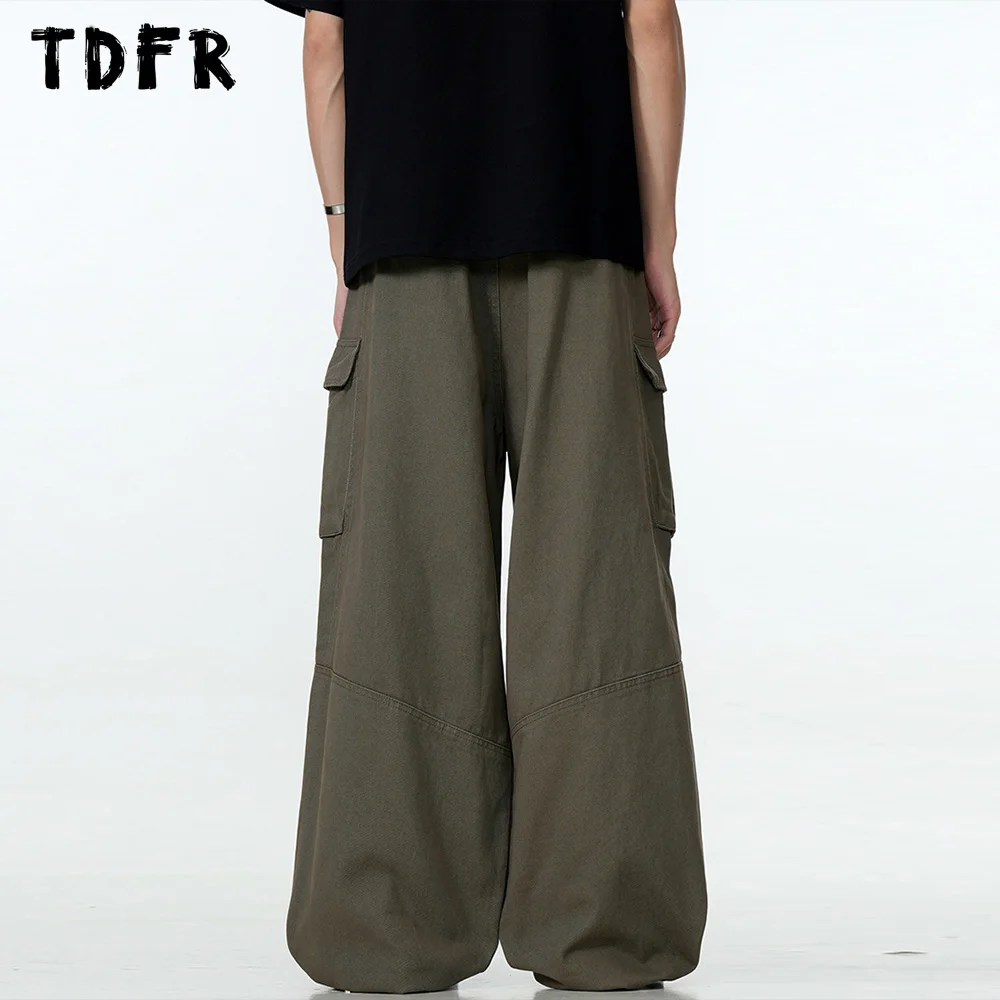 Multi-Pocket Cargo Pants Mens Solid Color Spliced Retro Casual Streetwear Straight Loose Wide leg Trousers Men