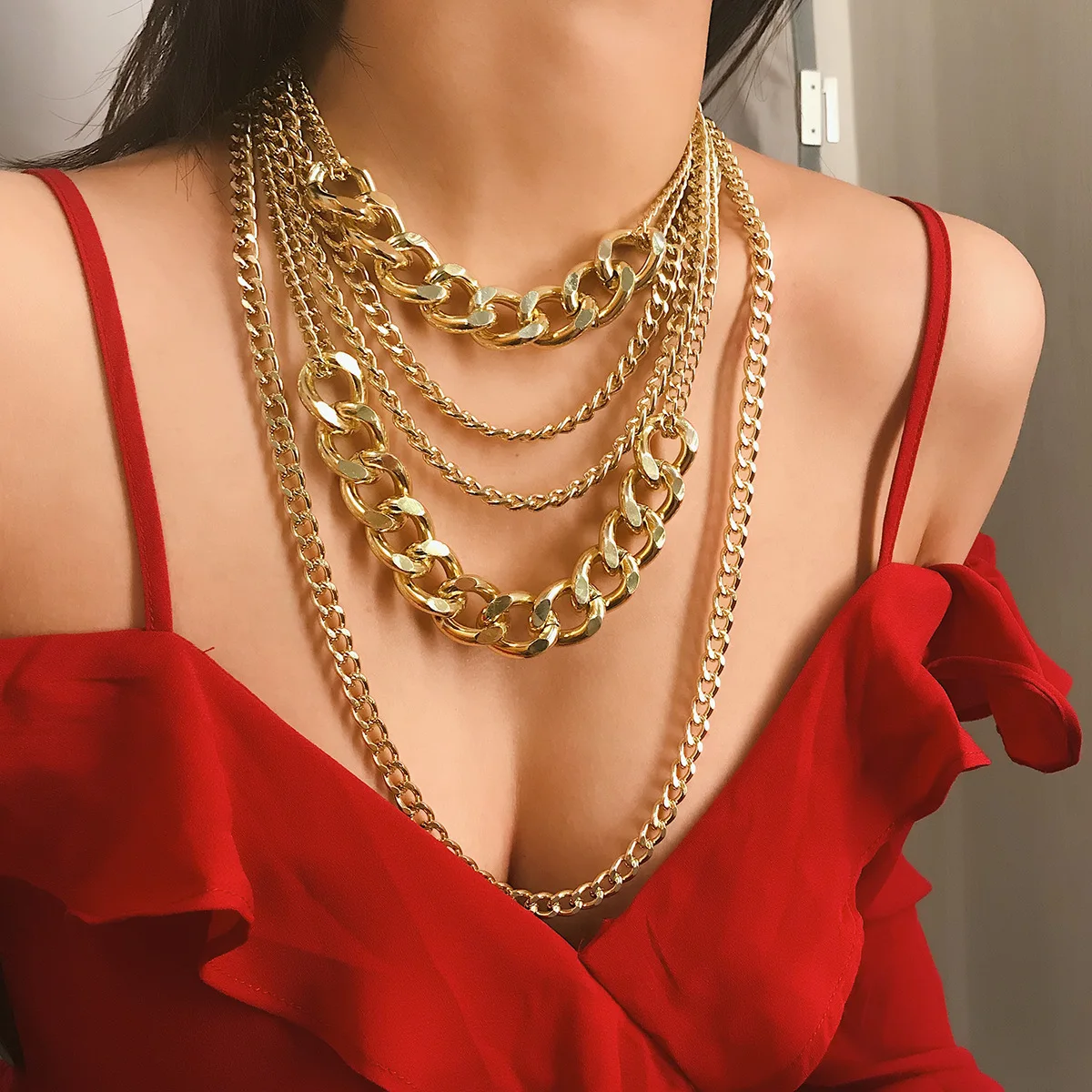 SHIXIN Punk Multi Layer Thick Cuban Link Chain Necklace Women Exaggerated Gold Color Stackable Choker New Year's Party Jewelry