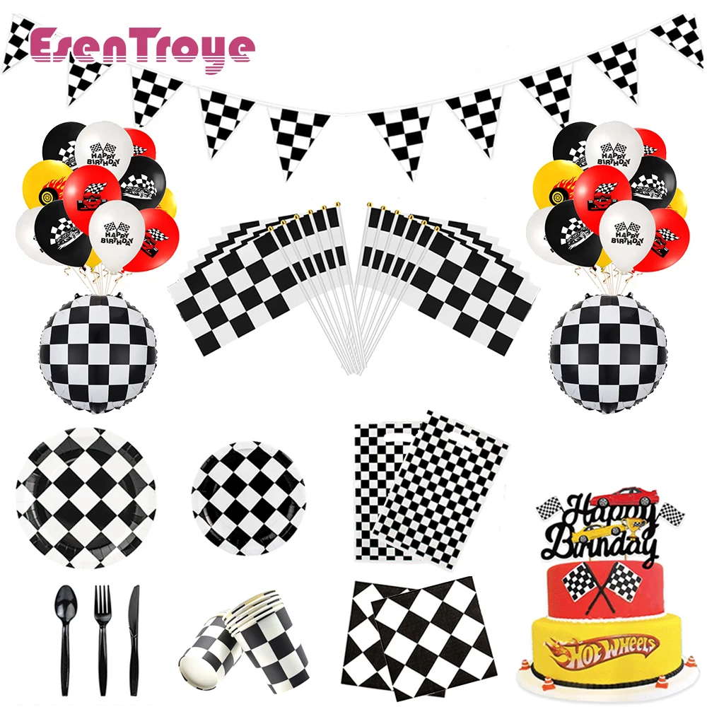 Racing Car Party Decoration Black White Disposable Tableware Set Checkered Flag Balloon Boys Formula 1 Birthday Party Supplies