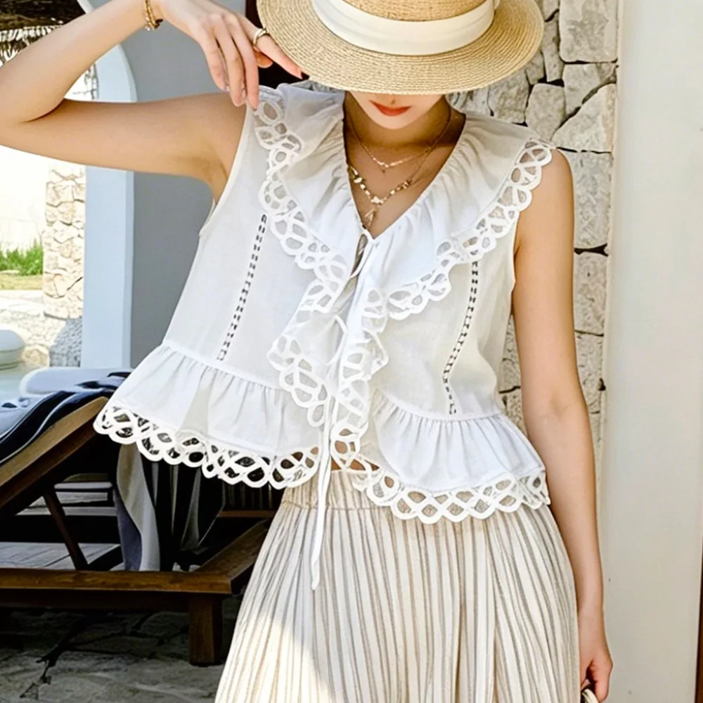 

French Boho White Sleeveless Shirt Blouse Cotton Women Lace Ruffle Collar Tie Front Cropped Summer Casual Ladies Vacation Tops