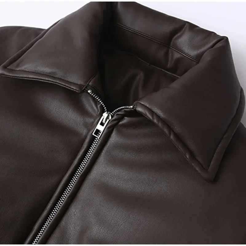 2024 Fall Winter Pu Leather Jackets Women Oversized Lapel Collar Full Sleeve Cotton Padded Parkas Female Fashion Crop Streetwear