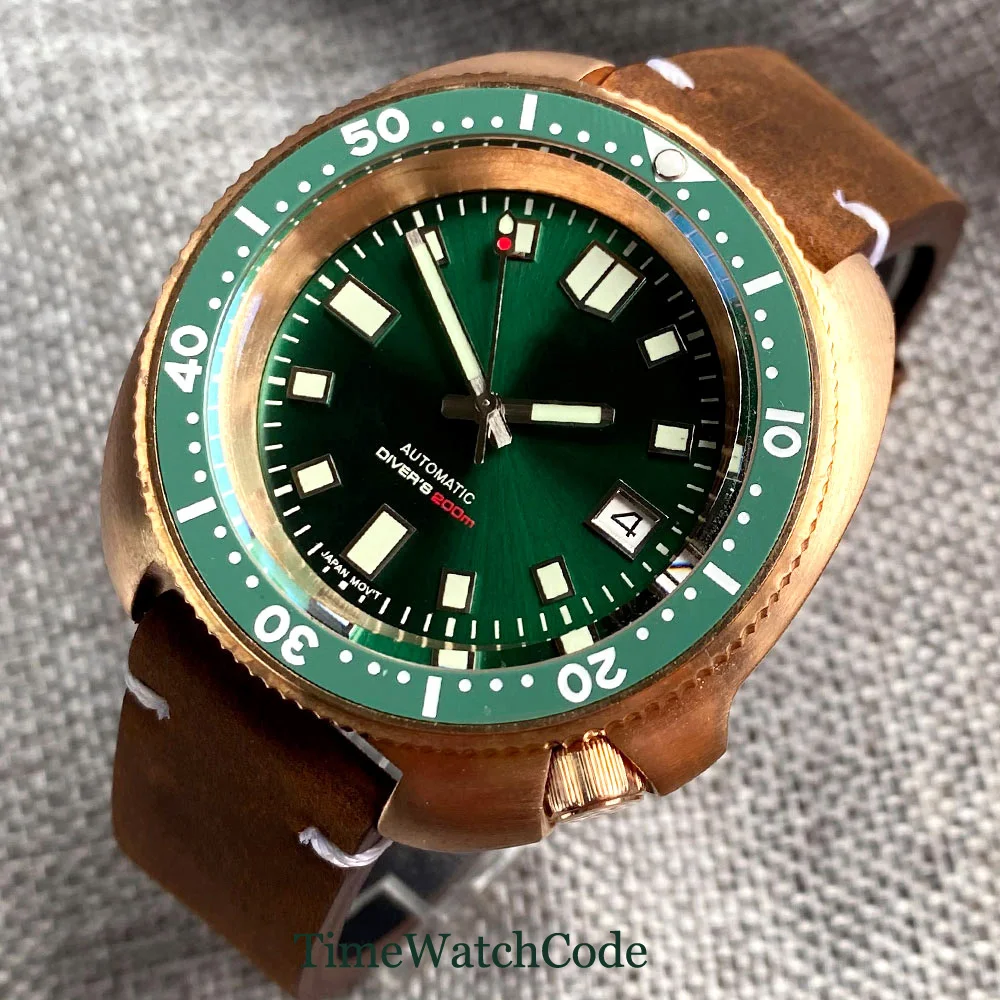 CUSN8 Solid Bronze NH35A PT5000 Automatic Mens Watch 200m Diving Date Green Black Blue Rubber Strap Sapphire Glass Tandorio 44mm