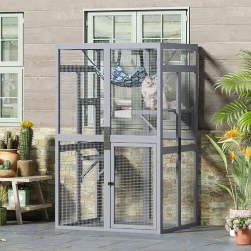Wooden Outdoor Cat Catio Enclosure with Platforms and Hammock Gray | Weatherproof wooden cat catio with mesh walls