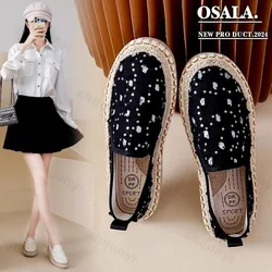 2024 Ladies Casual Comfort Slip on Lazy Shoes Female Womens Platform Flat Slip on Canvas Strap Loafers Straw Espadrilles