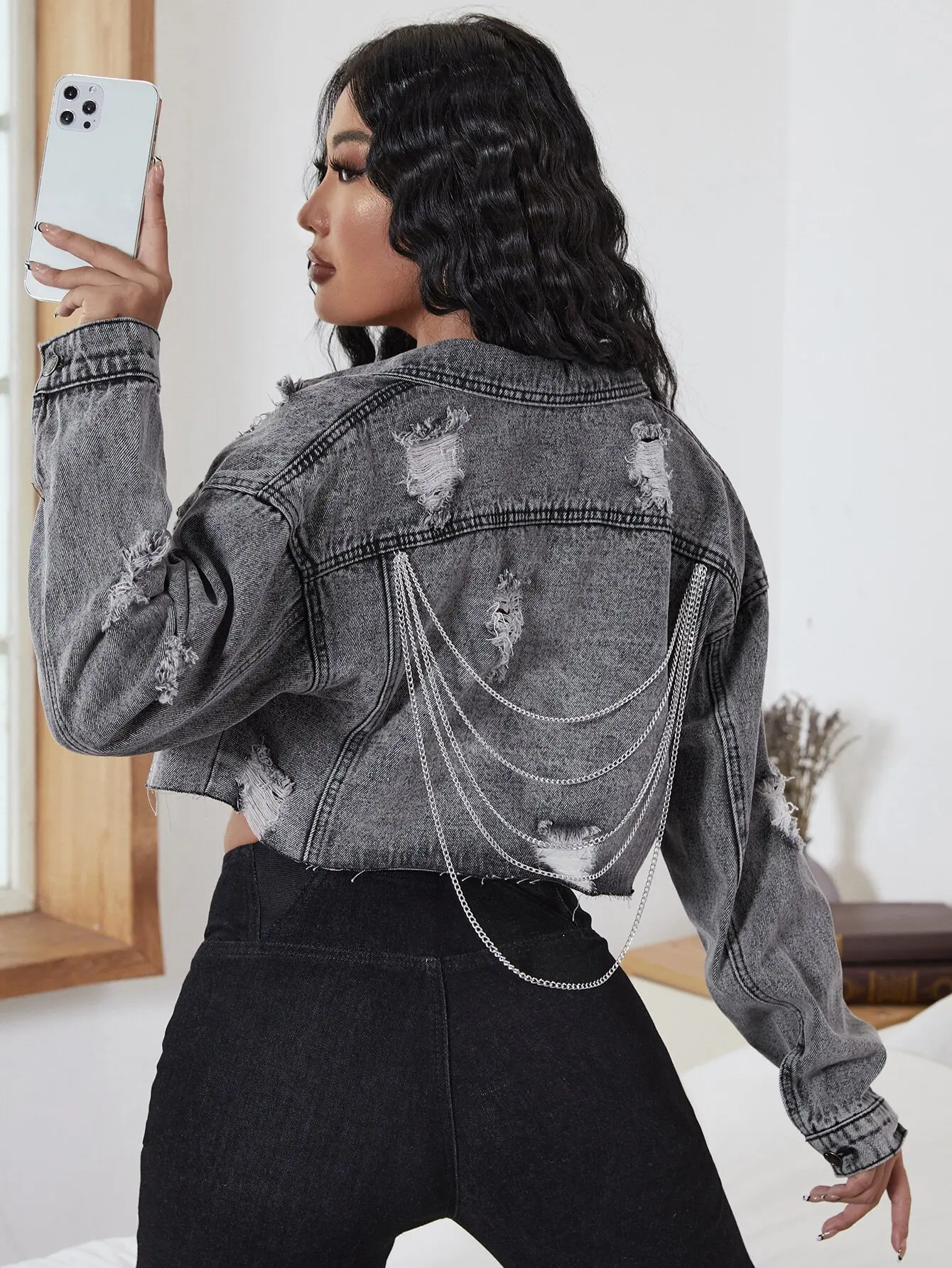 

Distressed Cropped Denim Jacket with Chain Detail and Drop Shoulder