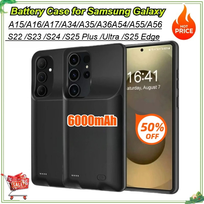 

6000mAh Battery Charger Case for Samsung Galaxy S22 S23 Plus S24 S25 Ultra S25Plus S25 Edge A54 A55 A56 A34 A35 A36 A15 A16 A17