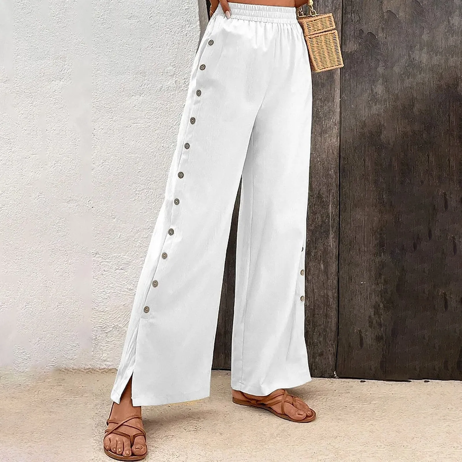 Women Vintage Solid Cotton Linen Slit Multi-Button Pants High Waist Casual Straight Trousers Summer Female Loose Sweatpants