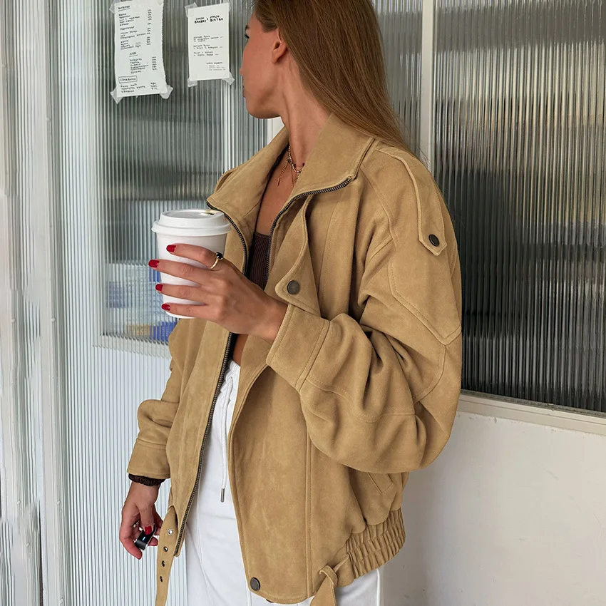 Khaki Faux Suede Jacket Asymmetric Lapel Zip Up Epaulet Decor Waist Belt Oversized Loose Long Sleeve Casual Outer Coat 260602