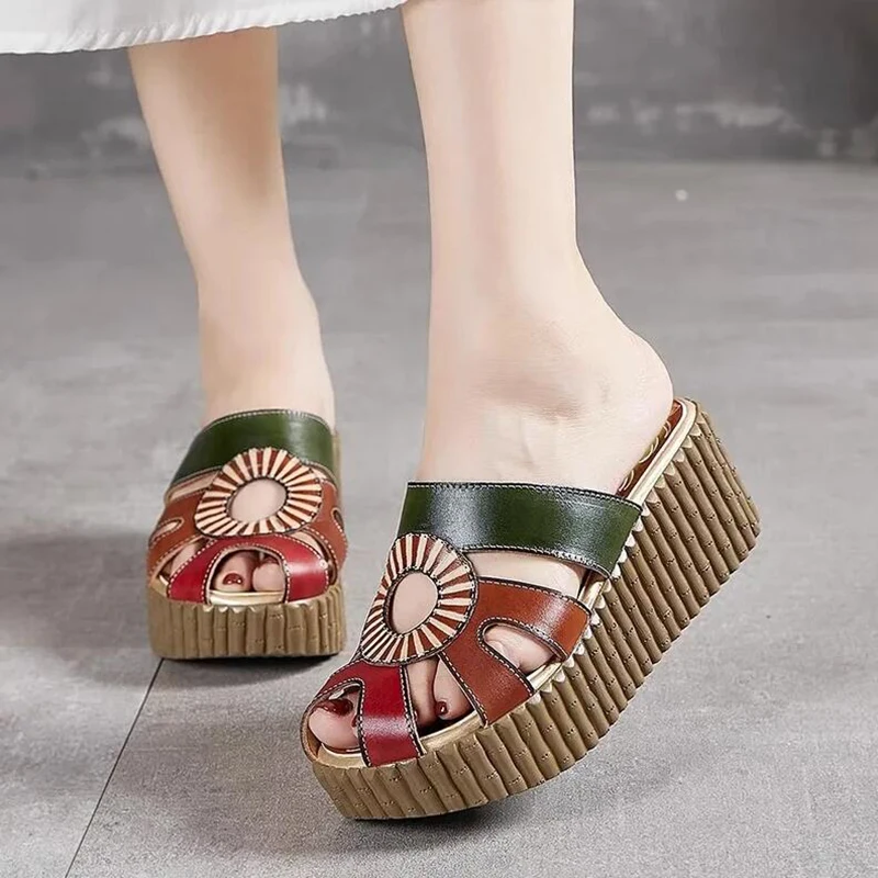 GKTINOO 2024 Wedge Slides Shoes Women Cover Toes High Heels Flower Sandals Summer Female Genuine Leather Platform Slippers