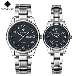 2024 Fashion Couple Watch WWOOR Brand Full Steel Quartz Paired Bracelet Watches For Men And Women Date Lovers Watch Couple Gifts