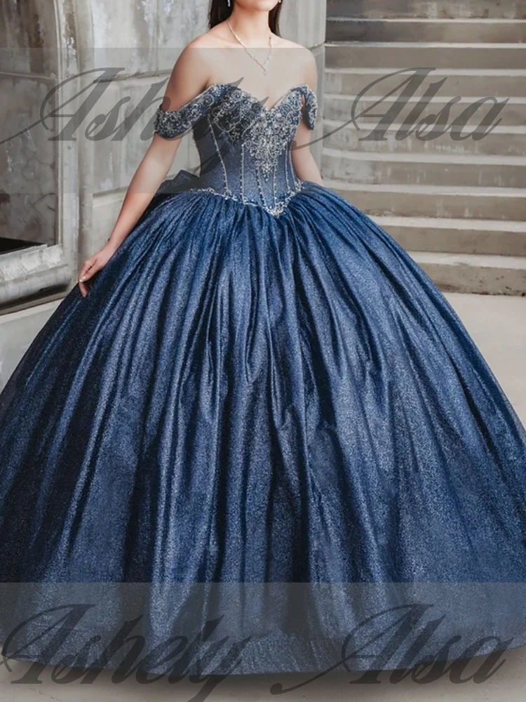 AQ 259 Customized Navy Blue Women Prom Dresses Special Occasion Wear Beading Bow Puffy Skirt Party Dress Sweet 15 16 Quinceanera