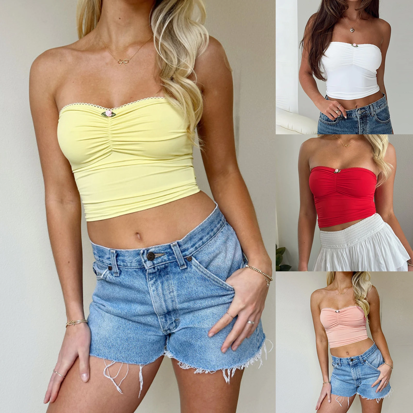 Women's Summer Slim Tube Tops Solid Color Bandeau Mini Rosette Ruched Show Navel Vest Club Streetwear