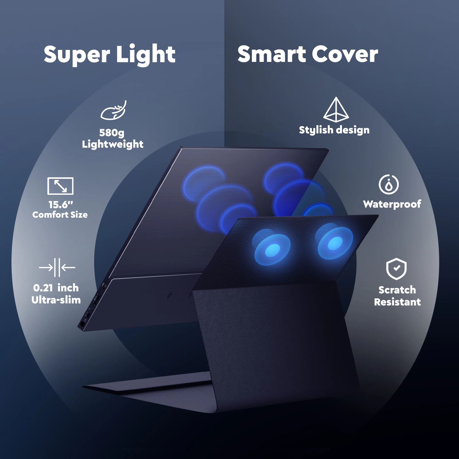 شاشة Amoudo المحمولة 15.6 بوصة 1080P FHD شاشة محمولة IPS شاشات متنقلة مع مكبرات صوت، شاشة تمديد للعناية بالعين