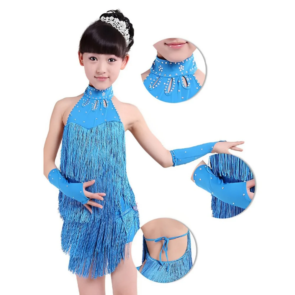 Girls Dance Dress Solid Sleeveless Latin Dance Dress Cha Cha Dress Kids Tango Skirt Carnival Wear Child Teen Stage Costume 3-15Y