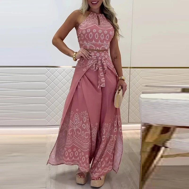 

Sexy Women's Halter Top and Long Pants 2 Piece Set Summer Pattern Printed Loose Holiday Suit Casual Streetwear Sleeveless Outfit