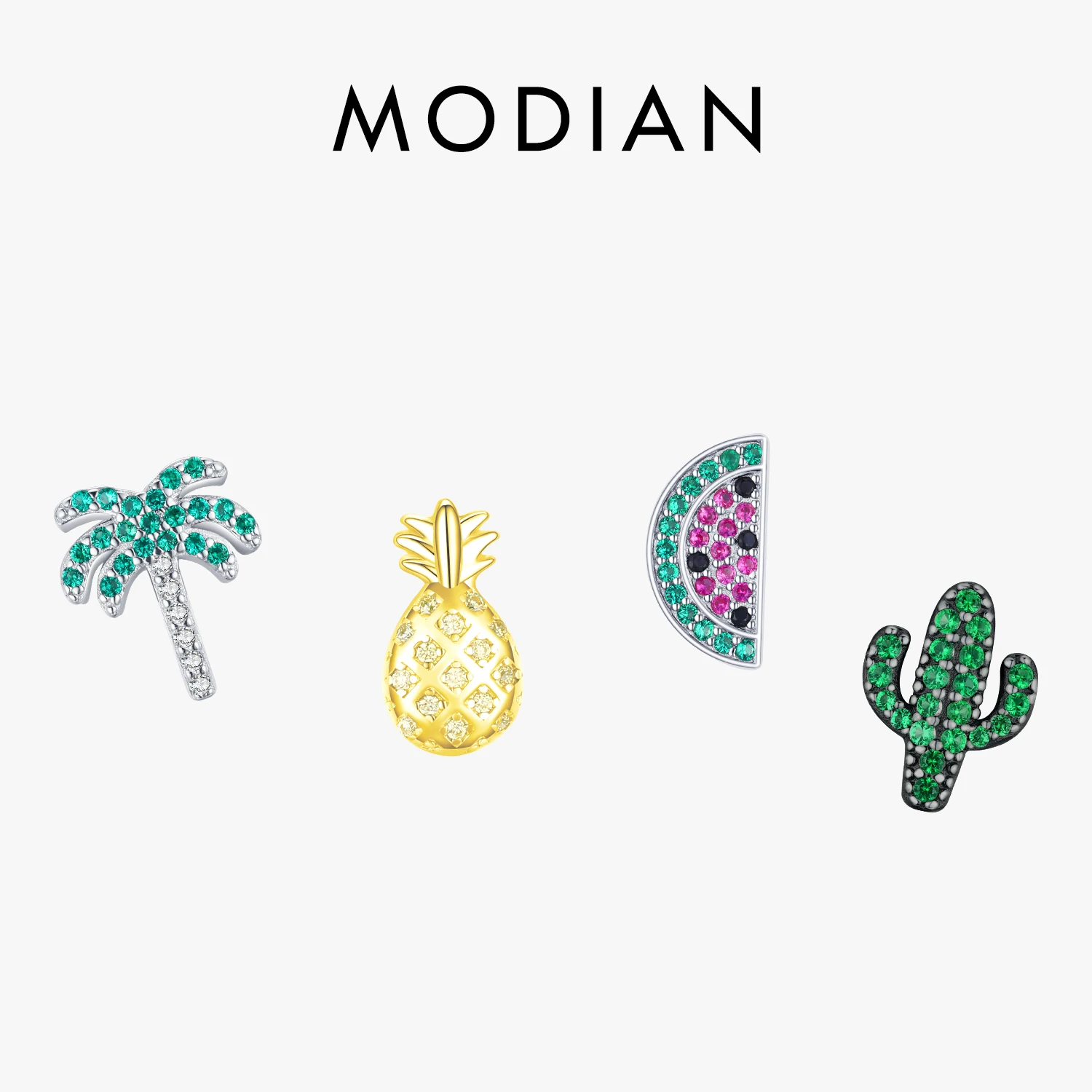 Modian 1PCS Pure 925 Sterling Silver Cute Watermelon Cactus Coconut tree Crystal Small Stud Earrings For Women Fine Jewelry
