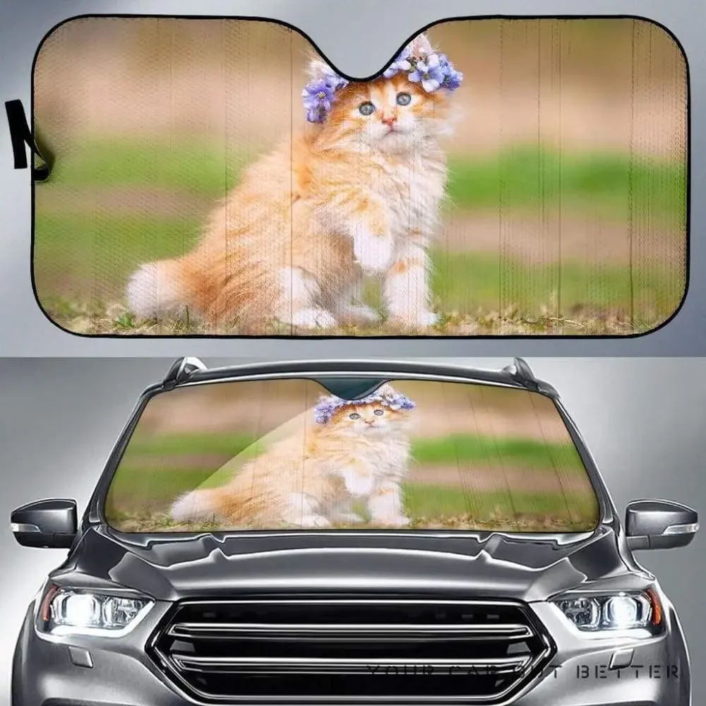 Adorable Kitten Wearing Purple Wreath Sitting On Grass Image Car Sunshade, Cute Cat Kitten Wearing Purple Wreath Image Auto Sun