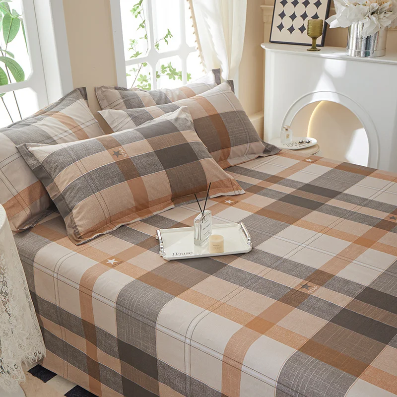 Khaki Plaid Flat Sheet Cotton Bedding Home Textile Adults Bedroom Comfortable Students Dormitory Bedspread Household Bedsheets