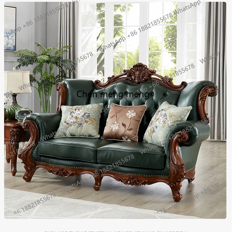 European all-solid wood leather carved sofa American combination large apartment living room R