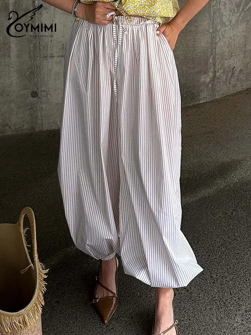 Oymimi Elegant White Print Women Pants Fashion Mid Waisted Drawstring Trousers Autumn New Button Ankle-Length Pants Streetwear