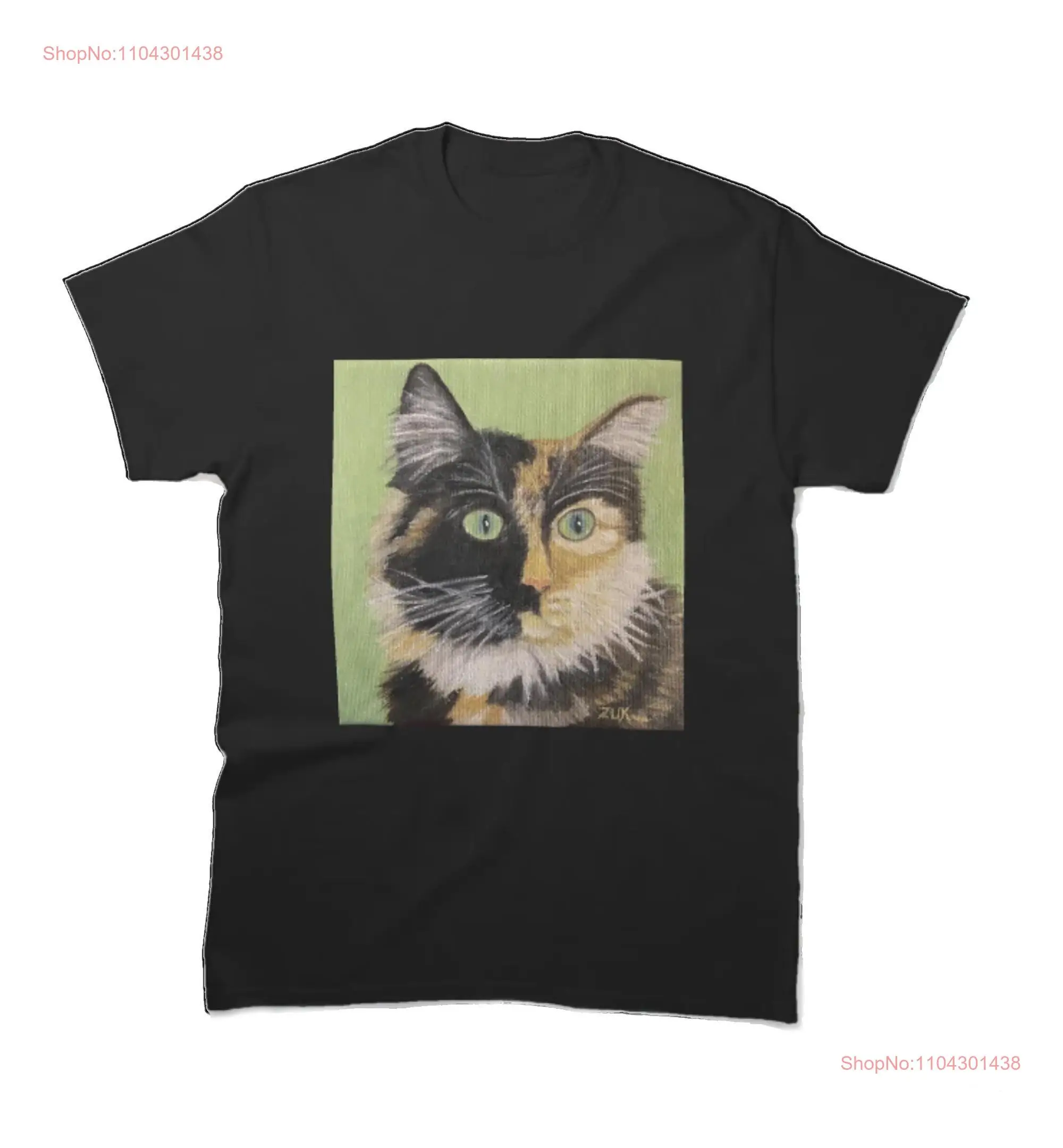 Tortie Cat Face T Shirt Tortoiseshell on Green Background Close up Long Haired Decor Lovers  long or short sleeves