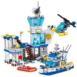 City Ocean Police Station Building Blocks Set,Police Station/Helicopter/Search Boat/Speed Boat,STEM Toys for Boys Ages 6 and Up