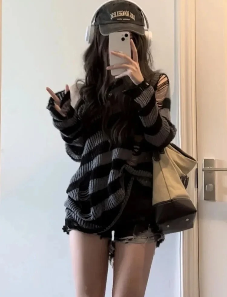 Gothic Sexy Aushöhlen Pullover Frauen Gestreiften Lose Langarm Punk Gestrickte Jumper Streetwear Harajuku Hip Hop Tops