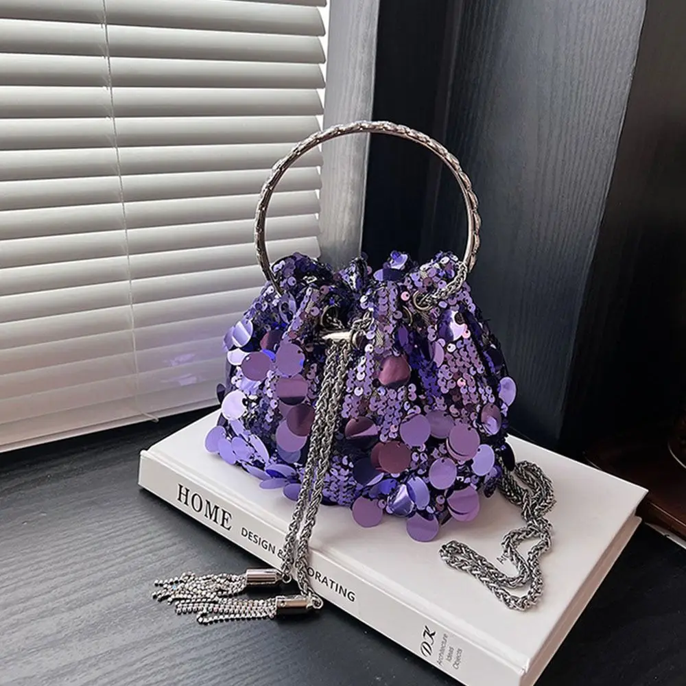 Mini Sequin Shoulder Bag Fashion Bucket Shiny Handbags Tassel Underarm Chain Crossbody Bags with Round Handle for Women Girl