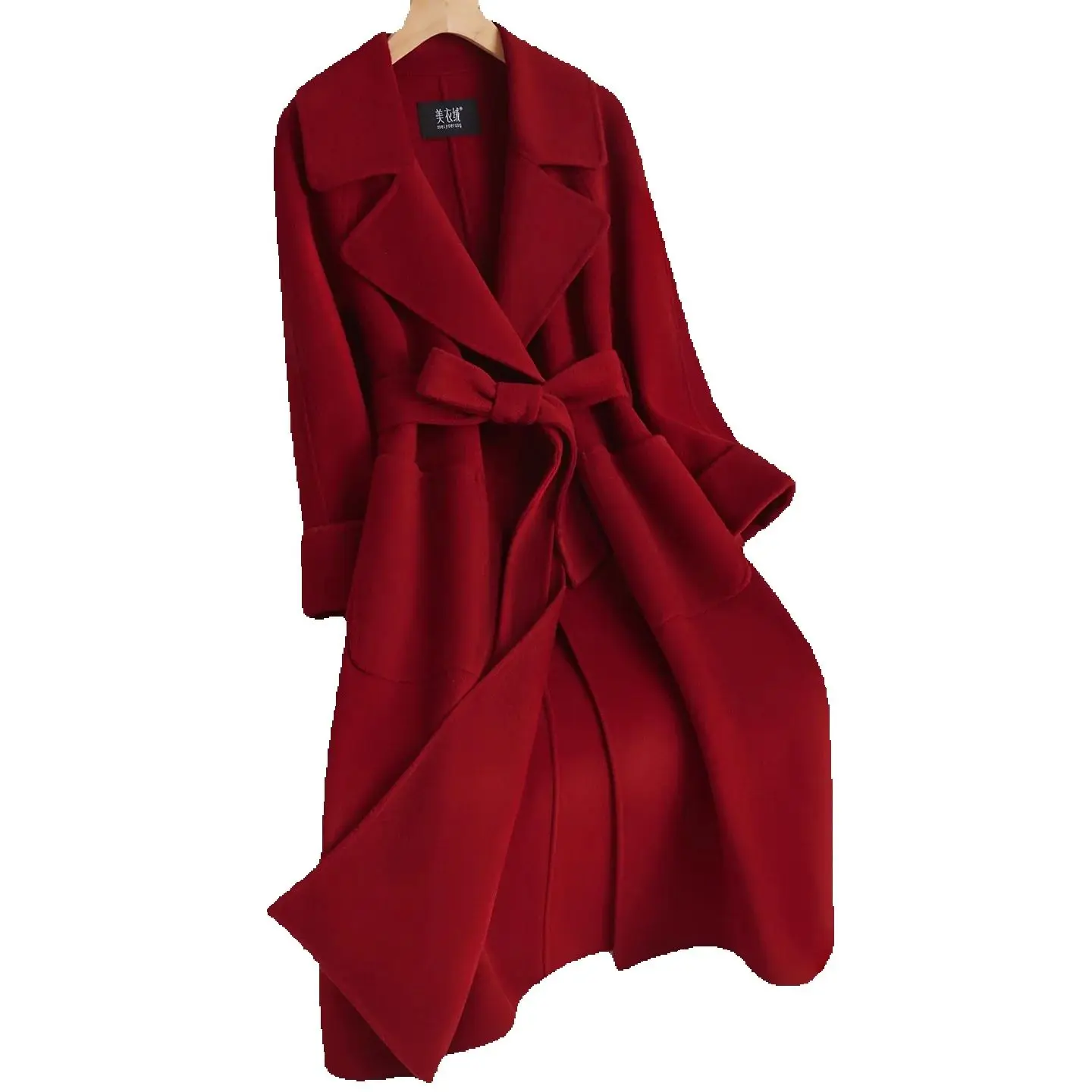 

Red double-sided Cashmere Coat Women's fashion temperament 2025 autumn winter new high-end woolen coats with belt long overcoat